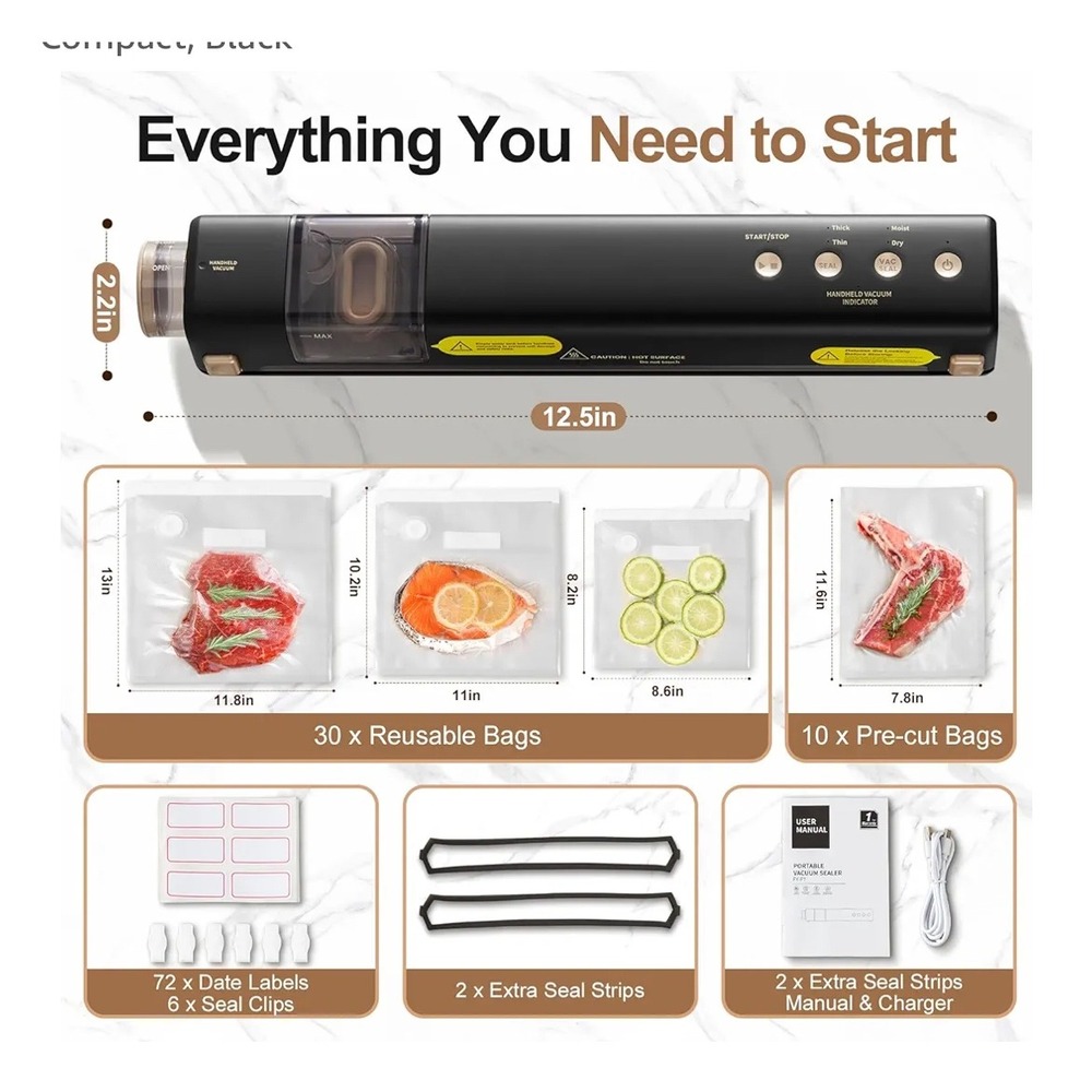 EEUZ Vacuum Sealer 2 IN 1 Handheld Automatic‎ Food Sealer 40 Bags Black - Picture 6 of 9